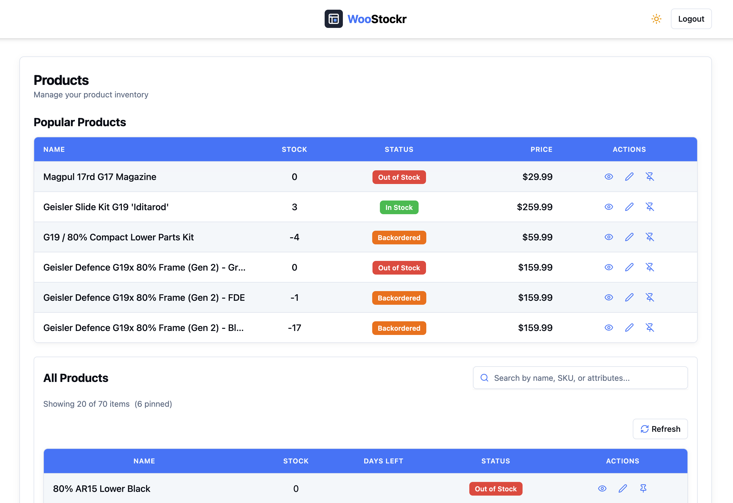 WooStocker dashboard preview