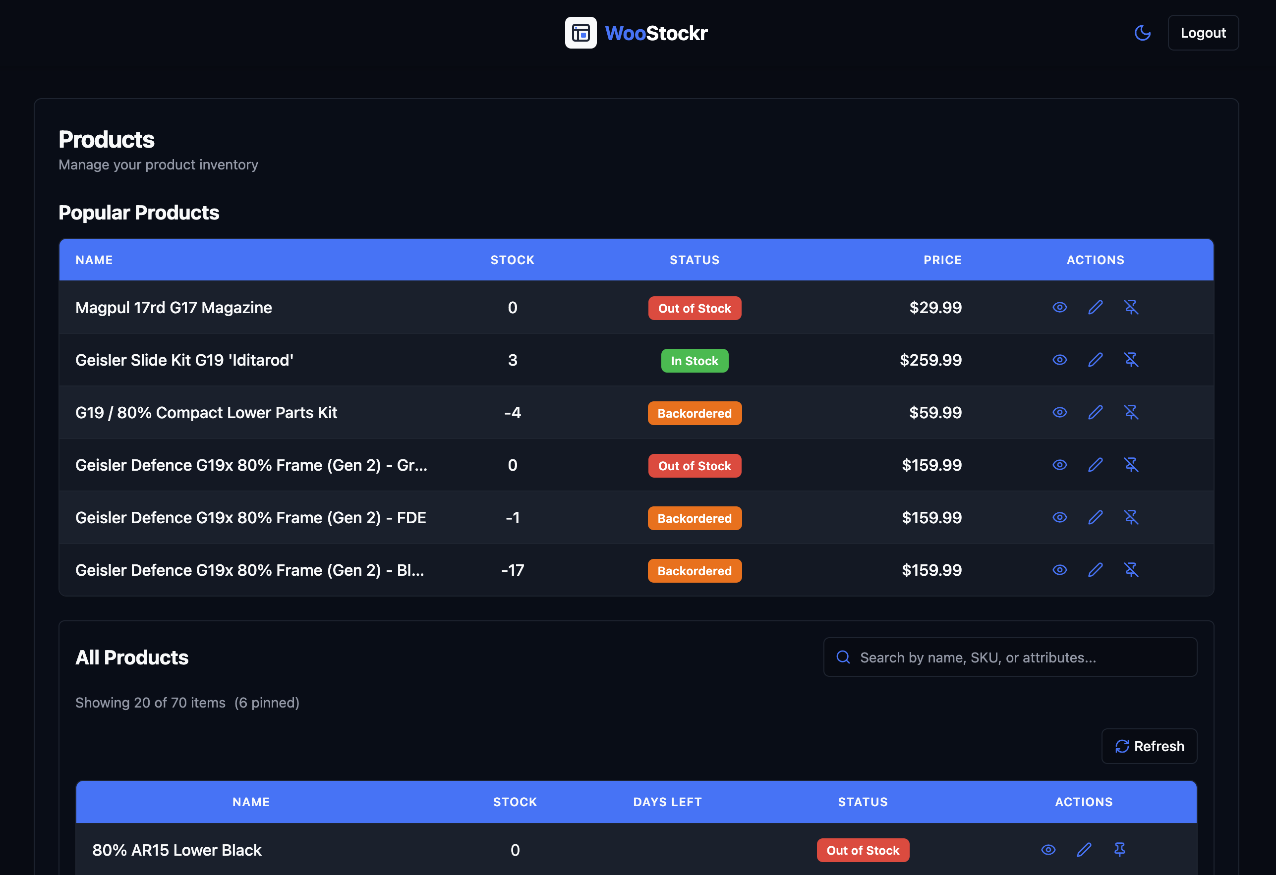 WooStocker dashboard preview